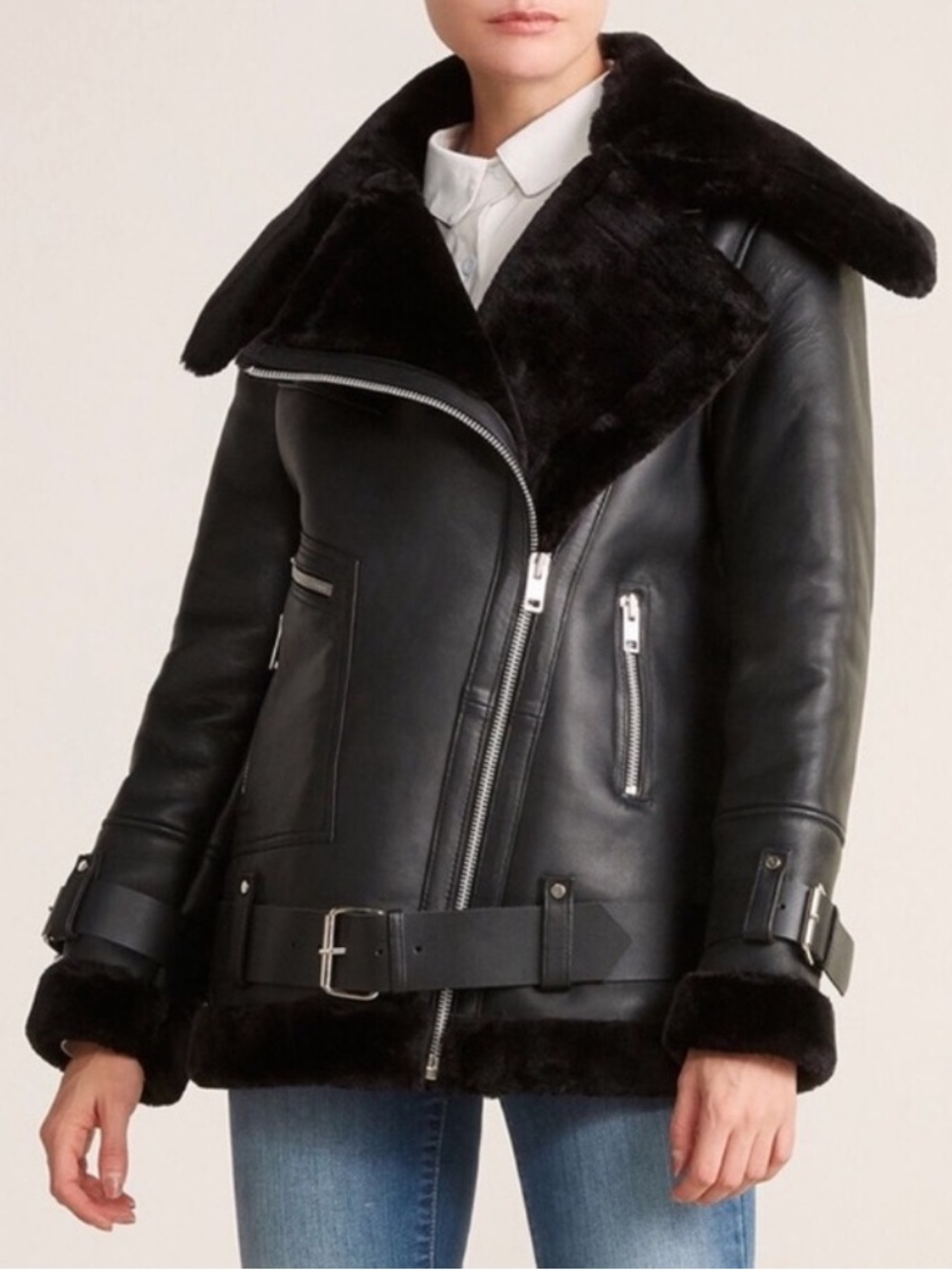 NEW Walter Baker Celine Lamb Leather Faux Fur Moto Aviator Biker Jacket Large